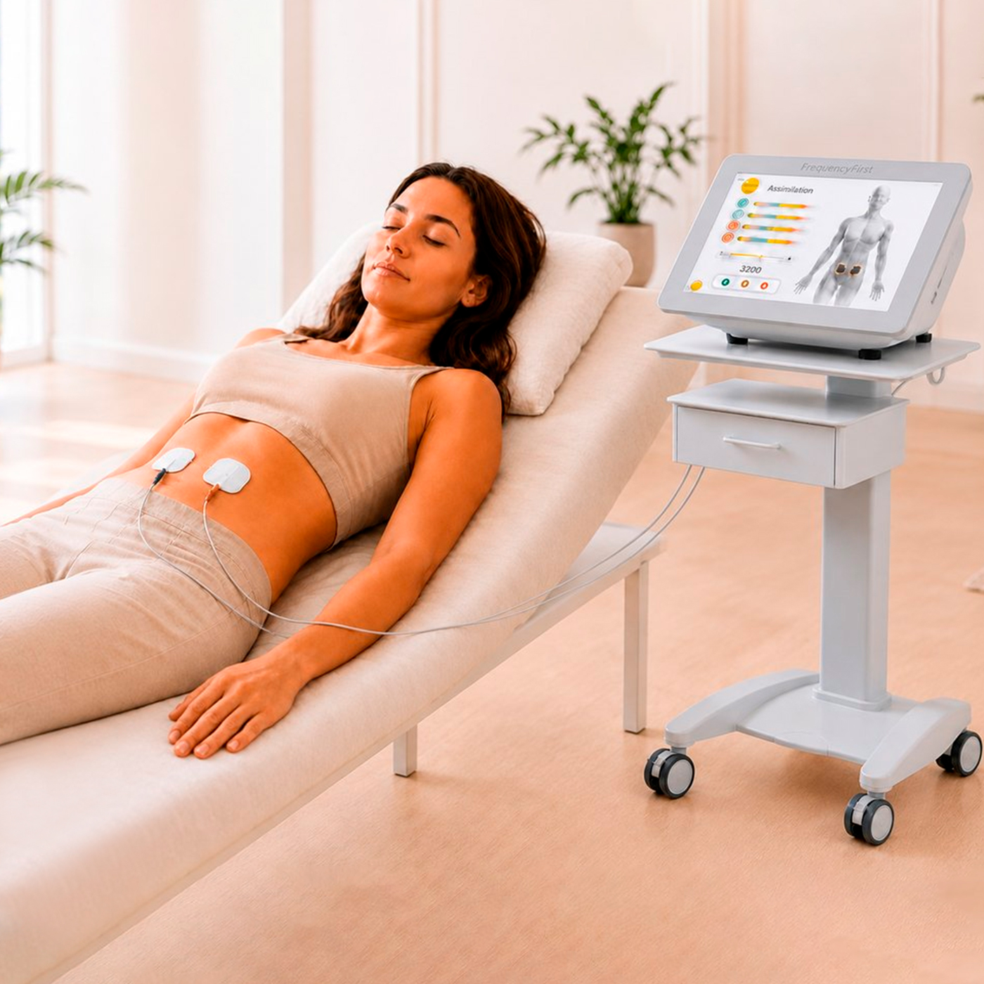 Eine Frau ruht entspannt auf einer Behandlungsliege. Elektroden sind am Bauch angebracht, daneben steht das Frequency First Gerät.